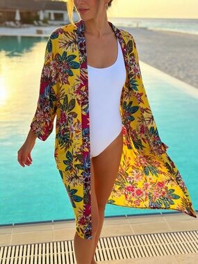 Yellow Floral Women’s Swim Cover-Up Kimono With Pockets